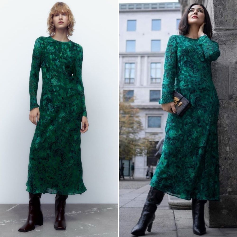 Zara Bloggers Favorite Jacquard Print Long Sleeve Dress Maxi Green S